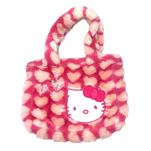 Hello Kitty Pink Faux-Fur Hearts Tote Bag, Large, Soft Plush Shoulder Purse - Picture 1 of 6